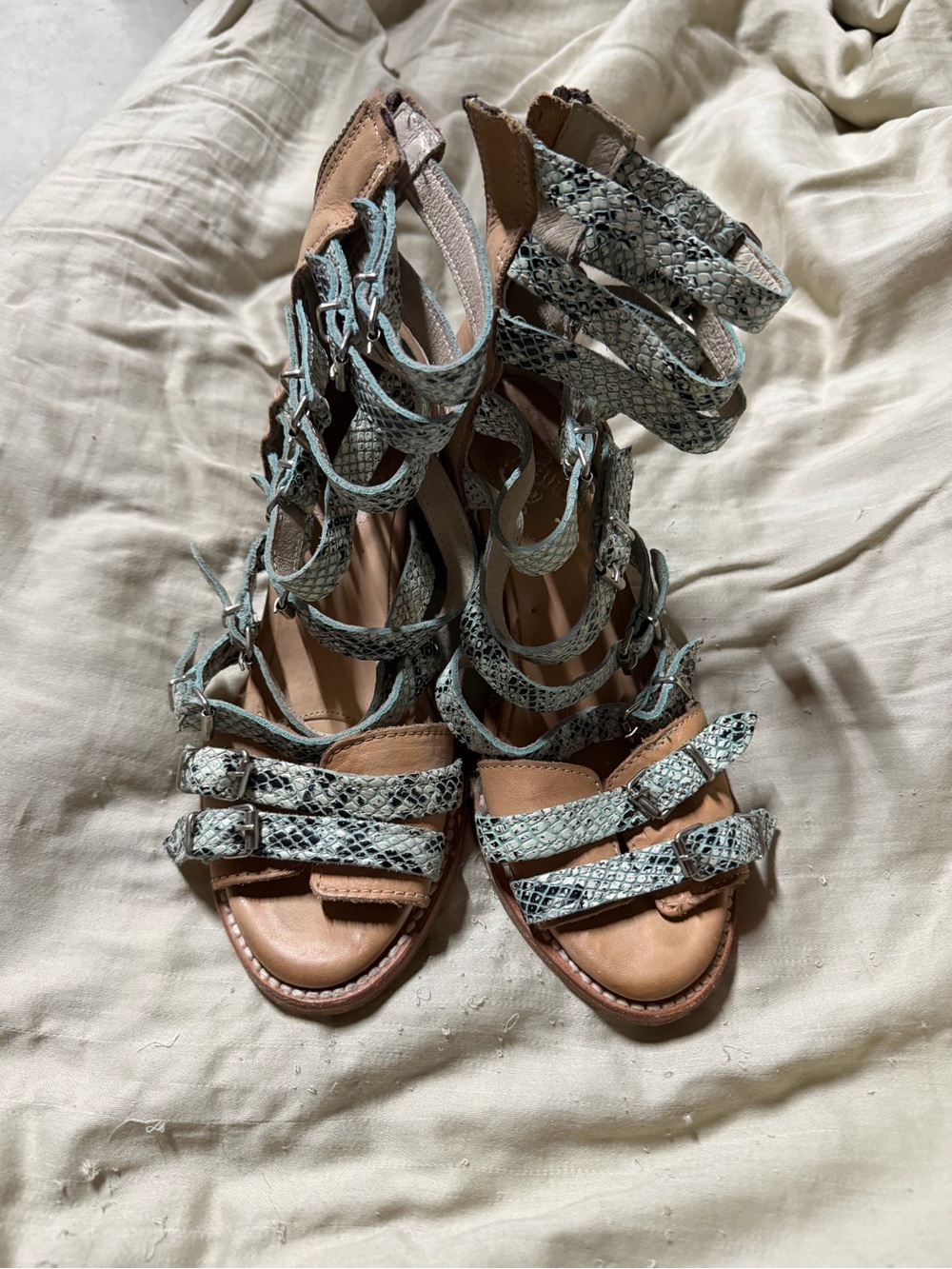 Freebird Strappy Snake-Print Gladiator Sandals in Light Blue